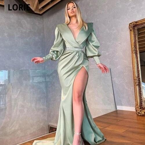 LORIE Green Satin Mermaid Evening Dress Puff Long Sleeve High Side Split Prom Dresses Dubai New Arrival Evening Party Gown