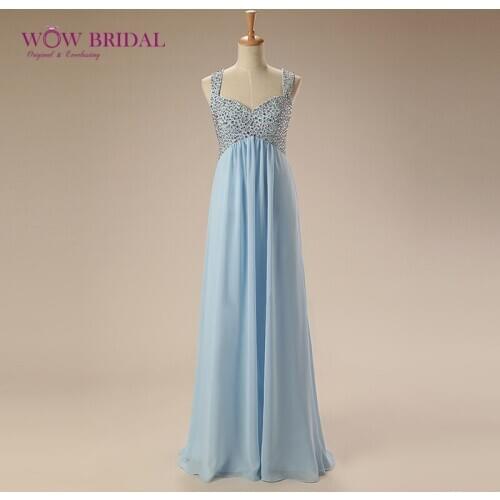 Wowbridal Dreamlike Blue Long Prom Dress 2021 Sweetheart Crystal Beaded Criss-Cross Open Back Chiffon A-Line Draped Ruched Dress