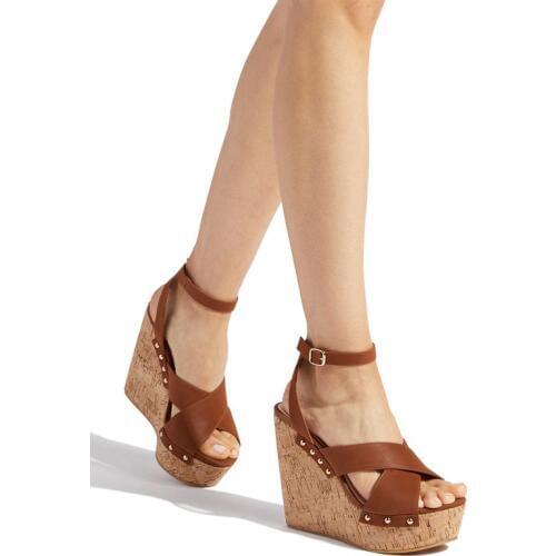 Moraima Snc Sexy Platform Wedge Sandal for Woman Summer Peep Toe Brown Leather Ankle Strap Shoes Cutouts Sandal