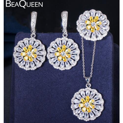BeaQueen Summer Flower Yellow Cubic Zirconia Stone Earrings Pendant Necklace and Ring 3pcs Women Fashion Jewlery Sets JS157