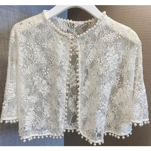 Women Half Sleeves Wedding Jacket Cape Embroidery Floral Lace Trim Wrap Shrug Bolero Evening Bridal Capelet Cardigan