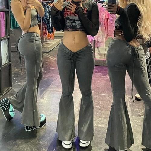 2021 Streetwear Sexy Flare Pants For Women Drawstring Folds Long Trousers Fashion Casual Adjustable waist line Hip Hop Trousers