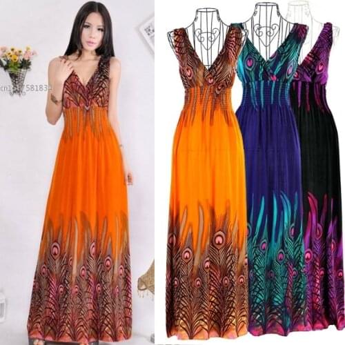 2021 Women Long Beach Dress Summer Peacock Tail Hawaiian V-neck Bohemian Dress B21