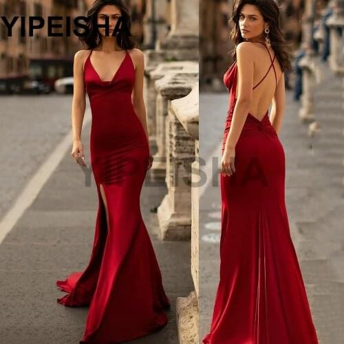 V-Neck Backless Spaghetti Strap Prom Party Gown Simple Mermaid Side High Split Formal Evening Dresses vestidos de fiesta платье
