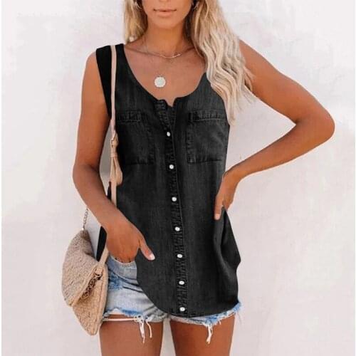 Fashion V Neck Buttoned 2021 Blouses Women 2XL Vintage Sleeveless Tank Top Shirts Summer Pockets Streetwear Blusas Female