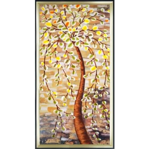CX New Chinese Style Entrance Painting Pachira Macrocarpa Painting Featured Handmade Embroidery Mural