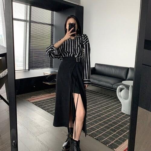 Korean Business Suit 2021 Autumn New Loose Stripe Shirt Tops & High Waist Split Pencil Skirt Two Pieces Female Office Suits Set