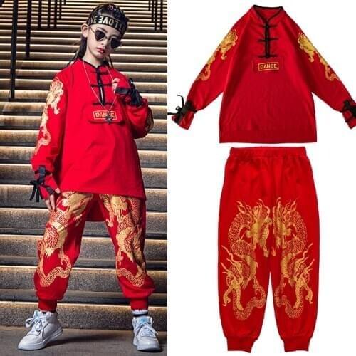 Children Ballroom Hip Hop Dance Costumes For Kids Red Outfits Chinese Style Jazz Performance Rave Clothes Stage Costumes SL4562