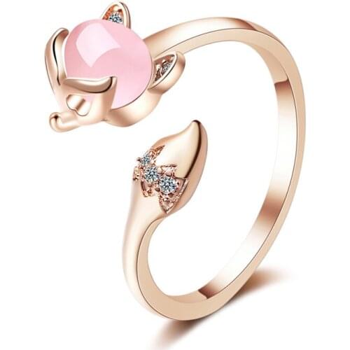 Girls Lovely Romantic Detailed Exquisite Finger Rings Cute Fox Animal Design Pink Opal Stone Opening Ring Band Jewelry Gifts