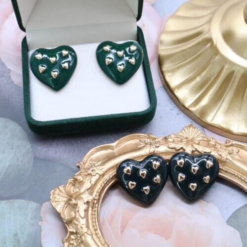 Enamel Heart Earring-Trend Black Olive Zircon Alloy New Designs Rhinestone Elegant Retro Brincos Party Accessories