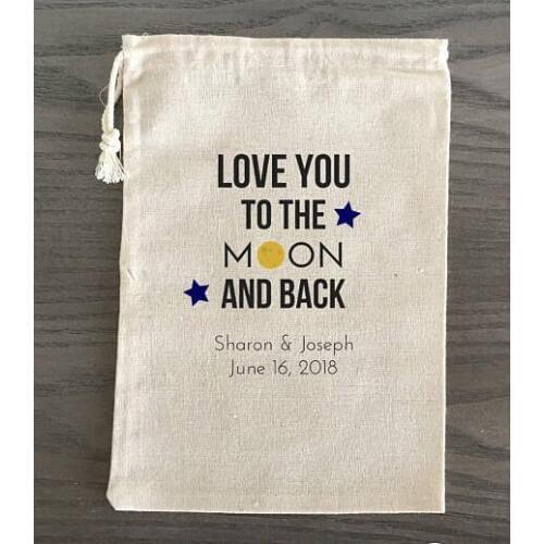 Custom love you to the moon wedding Bachelorette bridal shower Party first aid Hangover Kit jewelry favor muslin gifts Bags