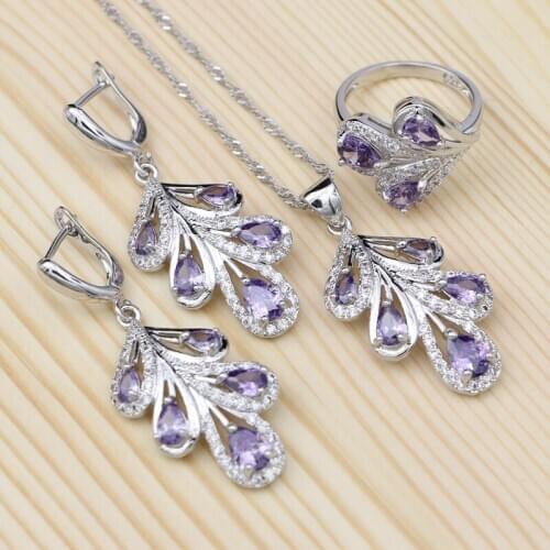 Jewelry Sets 925 Silver Accessories Purple Cubic Zirconia White Crystal Silver Necklace Pendant Earring Ring Sets For Party