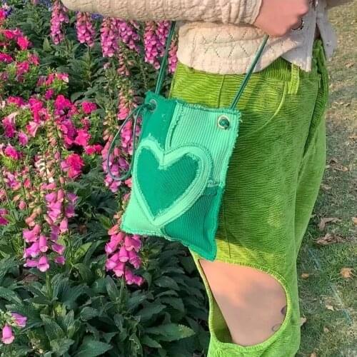 Cool Girls Y2k Purse Pouch Small Shoulder Bag for Women Vintage Design Mini Crossbody Bags Female Stitching Green Heart Handbags