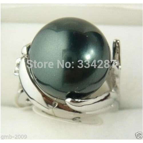 Fashion Womens 14MM Genuine Black South Sea Shell Pearl Jewelry Ring Size 6 ,7,8,9,10