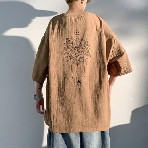 MenS Cotton Hemp Print Daisy T-Shirt Loose Casual Fashion Male Tops Short Sleeve Harajuku Streetwear Big Size Tee Shirts KK3588