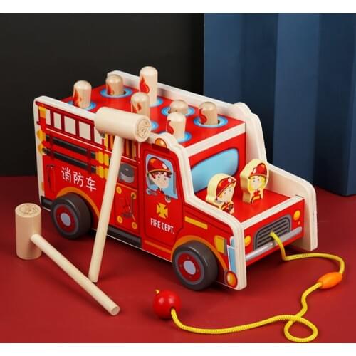Baby Hammering Pounding Wooden Toys Sets Pull Fireman Vehicle Car Montessori Educational Games Birthday Gift For Boys Girls Kids