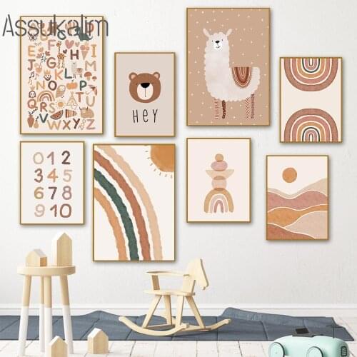Nursery Wall Painting Alpaca Posters Rainbow Prints Boho Poster Alphabet Canvas Print Nordic Wall Pictures For Kids Room Decor