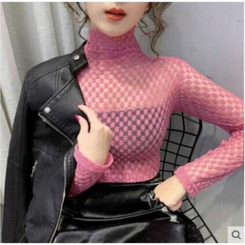 New womens sexy turtleneck long sleeve perspective gauze lace spring autumn t-shirt tops SML