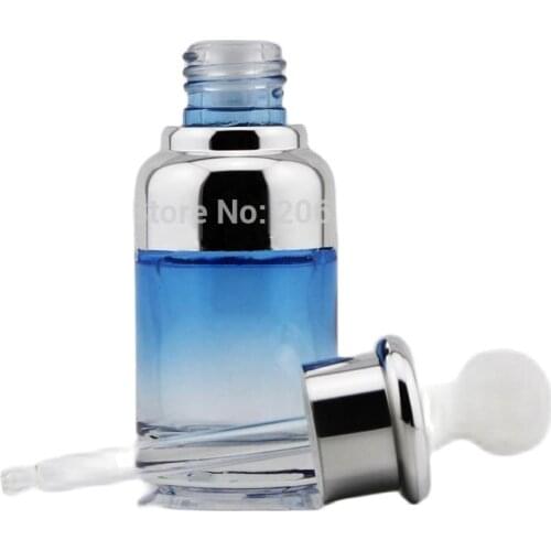NEW ARRIVAL 30ml blue glass dropper bottle with silver shoulder and silver collar ,white bulb glass bottle