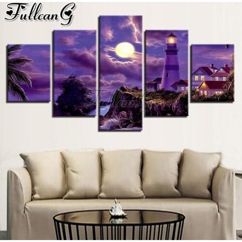 FULLCANG Night lighthouse scenery 5 piece diy diamond painting full square round drill 5d mosaic embroidery sale decor FC3121
