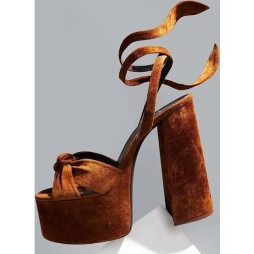 Sexy Women Square Heels Sandals Open Toe Platform Thick Heels Woman Dress Shoes Lace Up Brown Suede High Platform Banquet Shoes
