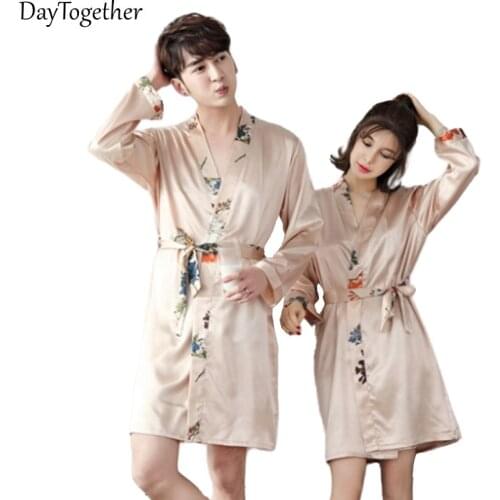Lovers Pajamas Robe Summer Ice Silk Nightgown Female Sexy Satin Kimono Bathrobe Man Sleepwear