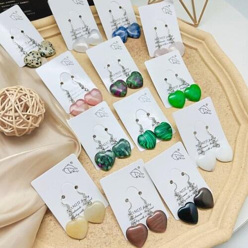 Romantic Love Crystal Earrings for Women Heart-Shaped Natural Stone Pendant Earrings Jade Lapis Tigereye Korean Fashion Earrings