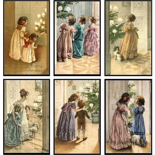 Counted Cross Stitch Kits Needlework Embroidery - 14 ct Aida DMC Color DIY Arts Handmade Home Decor - Victorian Christmas Girls