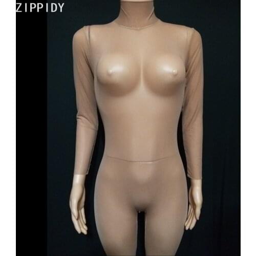 Sexy Nude Mesh Transparent Jumpsuit Long Sleeve Bodysuit Women Singer High Collar Costume Prom Party Show Stage Wear