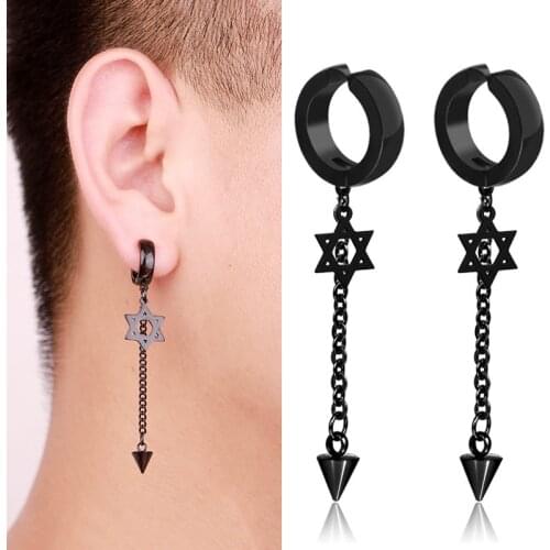 SOHOT Unisex Titanium Star Stainless Steel Hoop Drop Earrings HipHop Wholesale Punk Chic Triangular Pyramid Geometric Tassel New