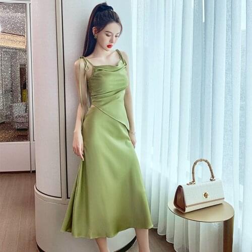 Fashion Summer Women French Romantic Satin Vintage Casual Sexy Sleeveless Top Shirt Coffee Break High Waist Skirt Two Peice Set