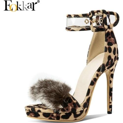 Eokkar 2019 Women Pumps Thin High Heel Open Toe Women Sandals Ankle Strap Lepard Print Platform Summer Women Pumps Size 34-45