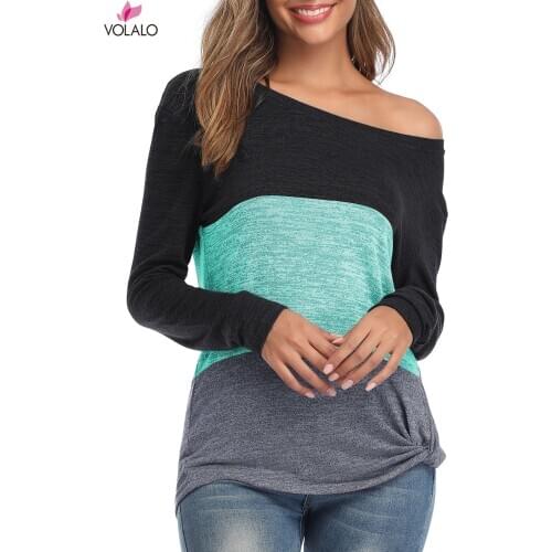 2019 Spring Autumn Womens T shirts Street Casual Long Sleeve Patchwork T Shirt Tops Pullovers Plus Size S-2XL Female Tee