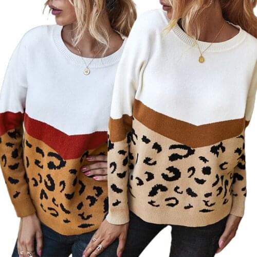 Women Autumn Winter Leopard Knitted Sweater Casual Long Sleeve Round Neck Pullover Tunic Tops