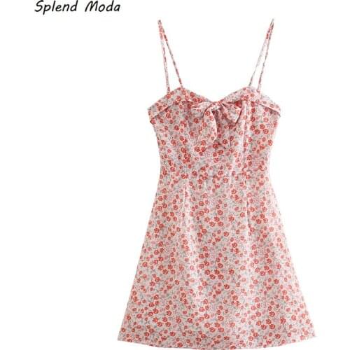 Splend Moda French Chest Bow High Waist Dress 2021 Summer Vintage Floral Print Sweet Mini Suspender Dresses Women Vestido