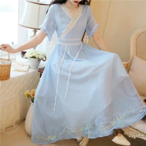 Summer Women Chinese Style Traditional Ancient Chic Hanfu Chiffon Dress Lady Embroidery Fairy Han Dynasty Retro Wedding Costumes