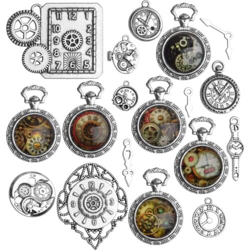 18pcs Random Mixed Clock Watch Face Charms Tibetan Silver Gear Cog Wheel Pendant Steampunk Accessory for Jewelry Making Findings
