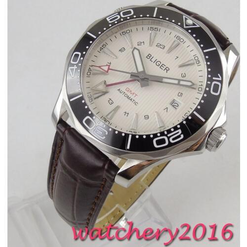 41mm bliger white dial sapphire glass GMT Date Automatic movement mens watch