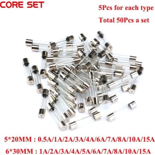 50Pcs/Set 5x20mm 6x30mm Quick Blow Glass Tube Fuse Assorted Kits 0.5A 1A 2A 3A 4A 5A 6A 7A 8A 9A 10A 15A Fast-blow Glass Fuses