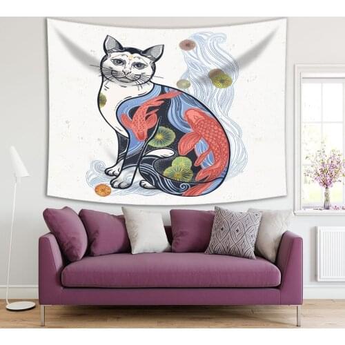 Tapestry Happy Japanese Cat Festivale Traditional Art with Flowers and Fish Symbol Harmony of Black Yellow Red Blue