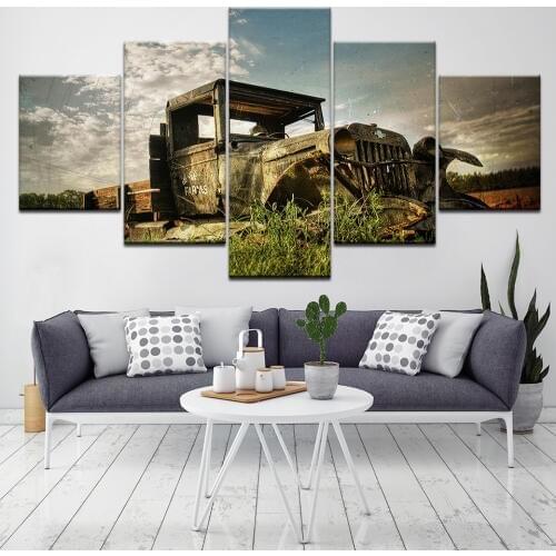 Grunge Broken lorry Rust Field Sky Clouds 5 Piece HD Wallpapers Art Canvas Print modern Poster Modular art painting Home Decor