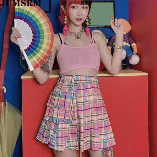Harajuku Kawaii Plaid A-Line Women Skirt 2020 Summer Casual High Waist Skirts Cute Pockets Pleated Chain Print Above Knee Skirts