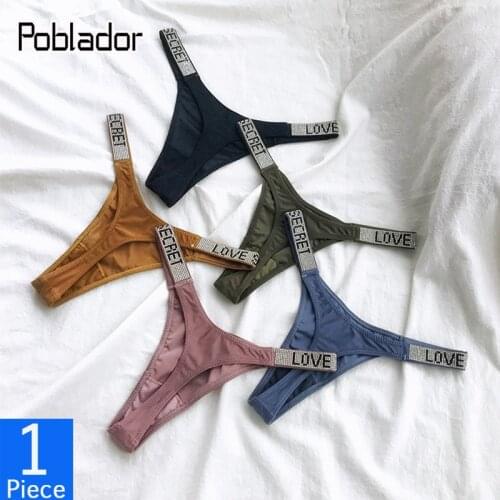 Poblador Hot Sexy Womens Sport Cotton Thongs Crystal Rhinestone Underwear Fitness Gym G-String Low Rise Letter Fashion Tanga