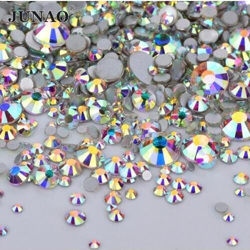 JUNAO 1440pcs Mix Size Crystal AB Rhinestones Non Sewing Nail Art Stones Glass Strass Applique Round Glue On Beads For Crafts