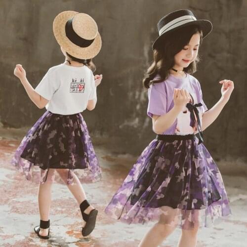 Teen Girls Clothing Sets 8 10 12 Years Old 2 Pcs Clothes Bowknot T-Shirt+Mesh Skirt Suit For Kids Summer Fashion Girls Clothes