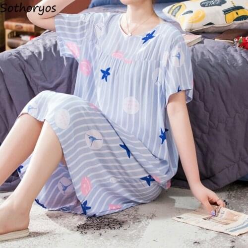 Nightgowns Sleepshirts Women Short Sleeve Summer Various Color Print Knee-length Fashion Loose Lovely Soft Breathable Homewear