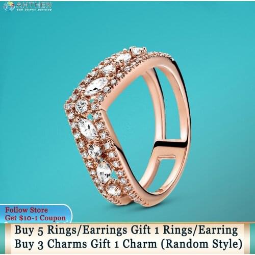Ahthen 925 Sterling Silver Ring Pink Sparkling Marquise Double Wishbone Ring Original Women Rings Women Jewelry Making Girl Gift
