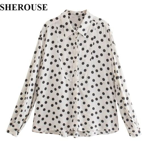 SHEROUSE 2021 Women Fashion Single Breasted Polka Dot Blouse Lapel Neck Long Sleeve Vintage Female Shirts Chic Tops