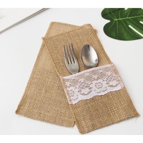 Wedding Birthday Party Western Food Bag Lace Jute European Knife and Fork Bag Linen Tableware Bag