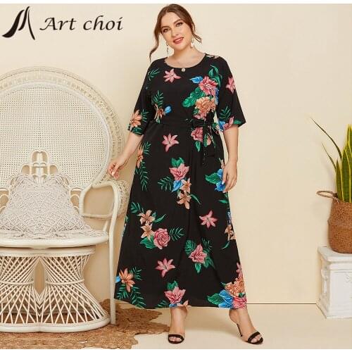 Spring Elegant Women Long Floral Vintage Dress Party Female Boho Beach Loose Skirt Half Sleeve Belt Ladies Vestido Plus size